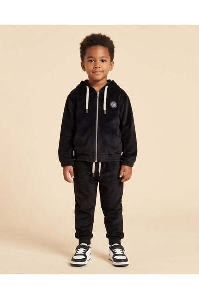REDTAG Boys Black Printed Velvet Hooded Jogger Set