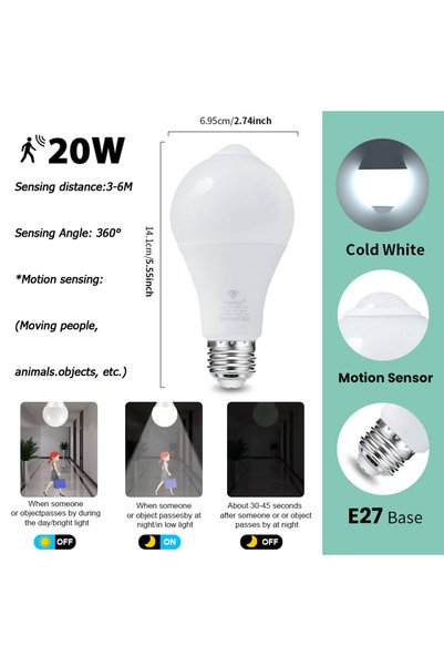 Choice مصباحان LED بقوة 20 واط، أبيض بارد، مزودان بمستشعر حركة، قاعدة E27، 22...