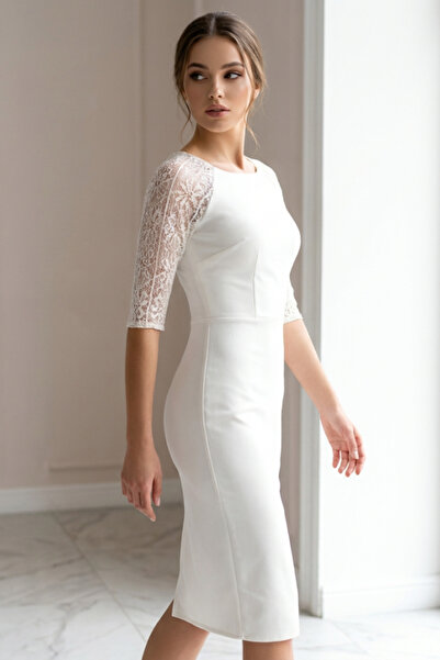 OEM Rochie midi elegantă pentru femei, cambrată, cu mâneci din dantelă trei s...