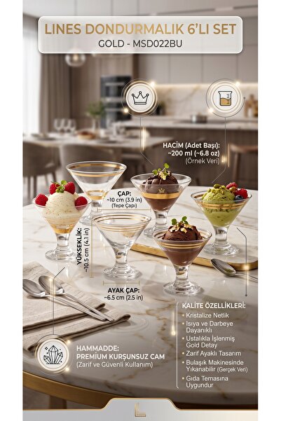 RİVO HOME DECOR Gold Detailed 6-Piece Premium Glass Footed Ice Cream Bowl and...