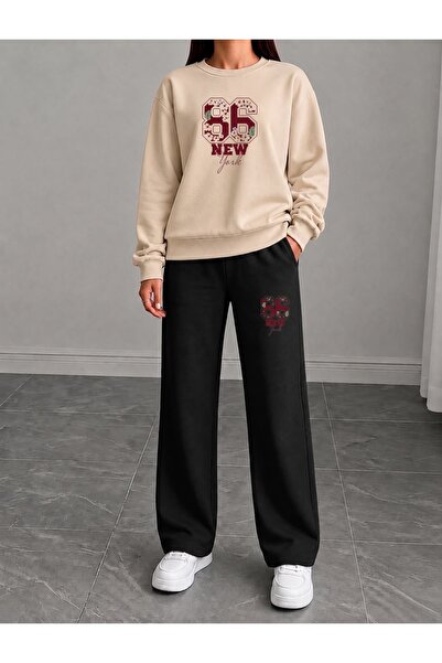 FUFLUNS 86 New York Printed Women's Cropped Crewneck Bottom/Upper Track Suit Set