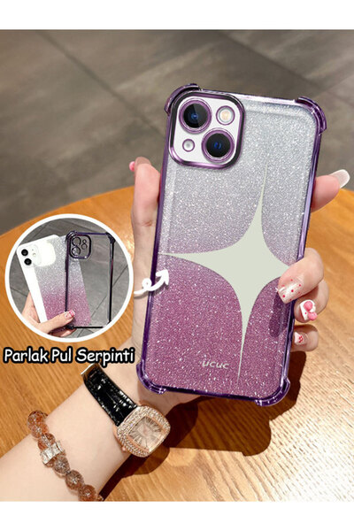 ucuc iPhone 13 Uyumlu Şeffaf Dört Köşe Silikon Kaplama Parlak Kenar Kılıf
