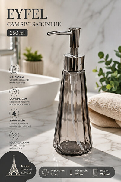 MAKRİ HOME Дозатор за течен сапун Eyfel от стъкло, 250 мл, черен, 7.5x22 см