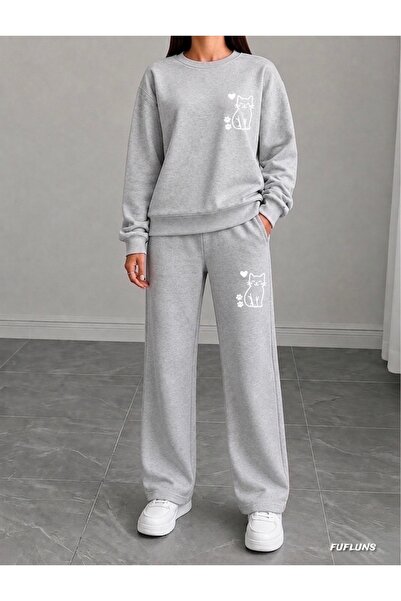 FUFLUNS Paw Heart Cat Printed Women's Cropped Crewneck Bottom/Upper Tracksuit...