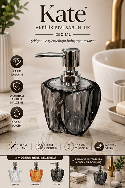 MAKRİ HOME Kate Acrylic Liquid Soap Dispenser 250 Ml, Black, 8X8X13.5 cm