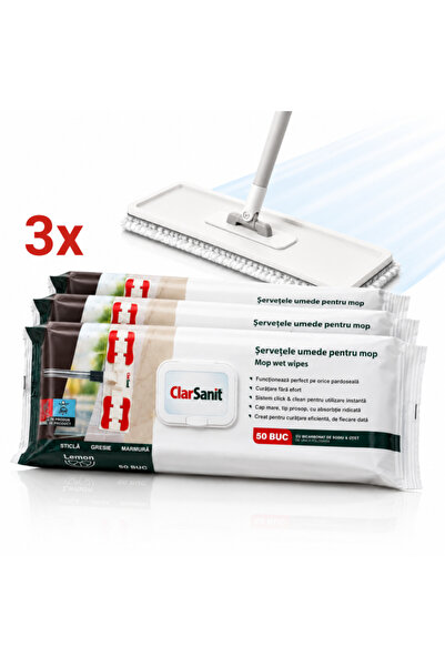 clarsanit Set 3 Pachete Șervețele Umede pentru Pardoseli Lemon, 150 Buc, Comp...