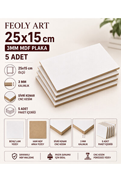 Feoly Art 25x15 cm 3 mm MDF Plaka 5 Adet - Beyaz Lam Kaplamalı