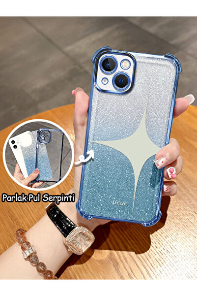 ucuc iPhone 13 Uyumlu Şeffaf Dört Köşe Silikon Kaplama Parlak Kenar Kılıf