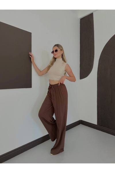 Miss Women's High Waist Elastic Waist Linen Palazzo Trousers