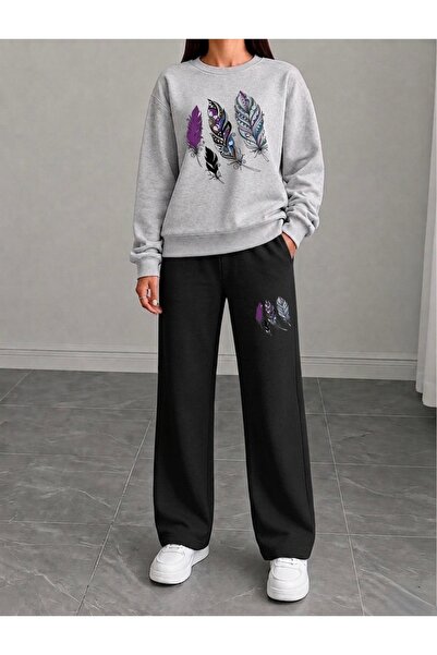 FUFLUNS Feather Printed Women's Tube-Collar Bottom/Top Sweat Suit