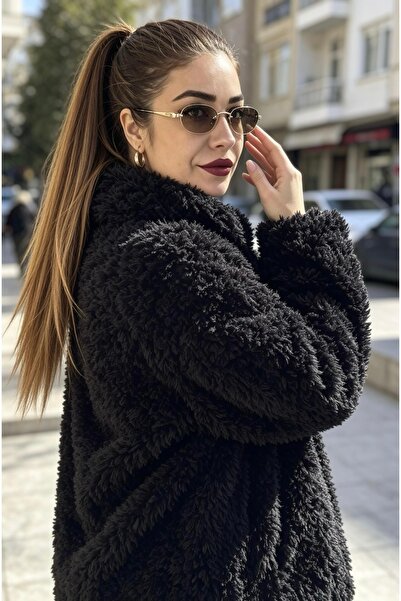 aurabutikstyle Kadın Teddy Kaban Fermuarlı Dik Yaka - Cepli