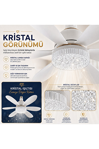 Merwish Tavan Vantilatörü 6 Kanatlı LED Aydınlatmalı 3 Kademeli Hız 3 Renk Işık Dimmer Özellikli Kristal Görünümlü