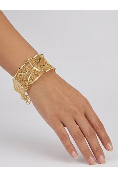 NYR Gold Silver 925 Ayar Gümüş Tül Bileklik 2,5 cm Desenli Kaf Bileklik Ayarl...