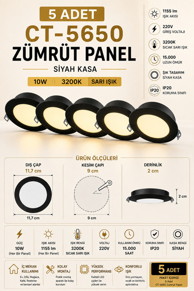 Yenilig 5 Adet CT-5650 Zümrüt Panel LED 10W 3200K Sarı Işık Siyah Kasa – 11,7...