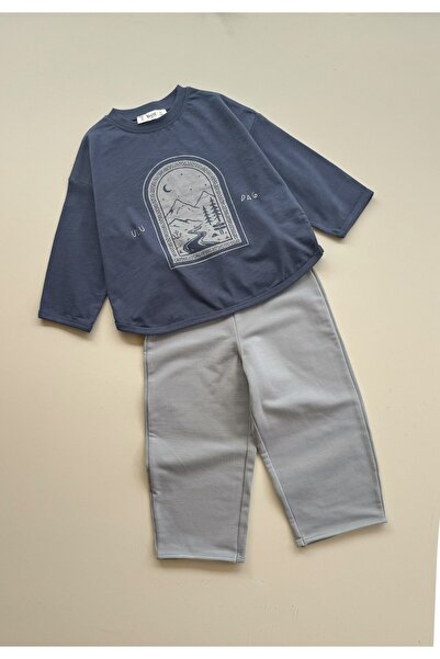 Cigit Oversize Long Sleeve T-Shirt Set 2-8 Years Old Navy Blue