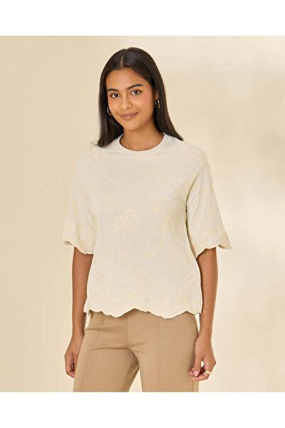 REDTAG Women Ivory Embroidered Crewneck Blouse