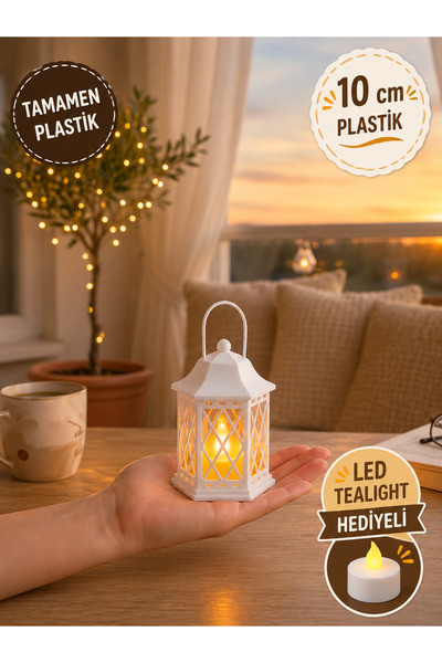 Filkorium3D 10 cm Plastik Dekoratif Fener – LED Tealight Hediyeli Şık Masaüstü Dekorasyon - Masaüstü Fener Dekoru