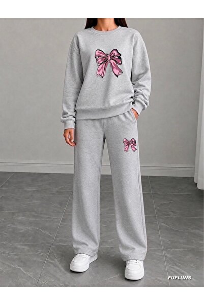 FUFLUNS Ribbon Printed Women's Cropped Crewneck Bottom/Upper Tracksuit Set