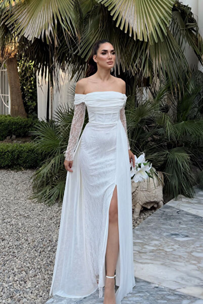 Sindimoda Dantelli Kayık Yaka Degaje Abiye 315