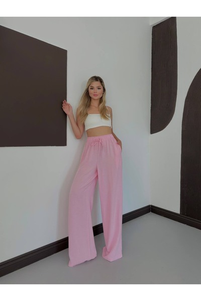 Miss Women's High Waist Elastic Waist Linen Palazzo Trousers