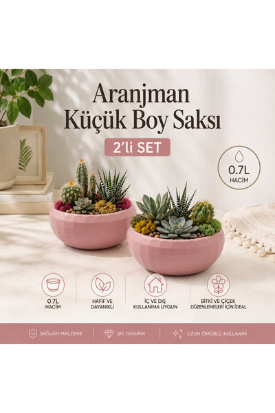 Aranjman Saksı - Drenajlı Dekoratif Salon Bahçe Çiçek Kaktüs Saksısı 0,7LT Pembe