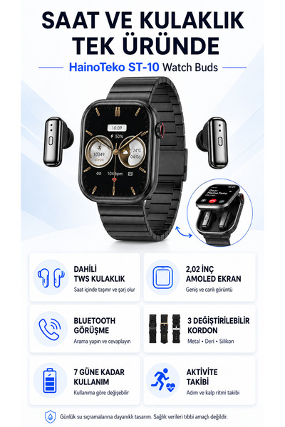 beemen Haino Teko Germany ST-10 Watch Buds 2.02 İnç AMOLED Kulaklıklı Akıllı Saat 3 Kordon