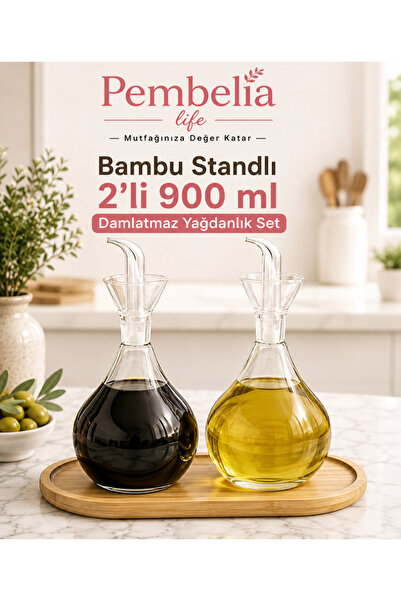 Pembelia Life Bambu Standlı 2’li 900 ml Damlatmaz Cam Yağdanlık Seti Ayçiçek Zeytinyağ Şişesi Yağlık Sirkelik Takım Çeyizlik Set