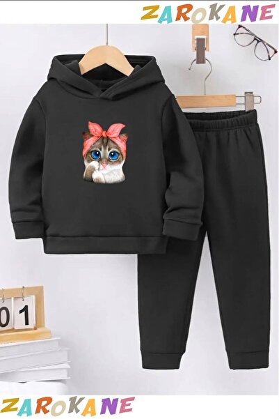 ZAROKANE Kid's Winter Cotton Hooded Tracksuit Set with Kitten Print (Bottom P...