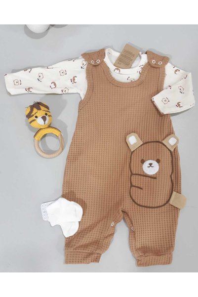Sönmez Baby MİNİK KOALA WAFFLE SALOPET TULUM BLUZ VE ÇORAP ÜÇ PARÇA BEBE TAKIMI