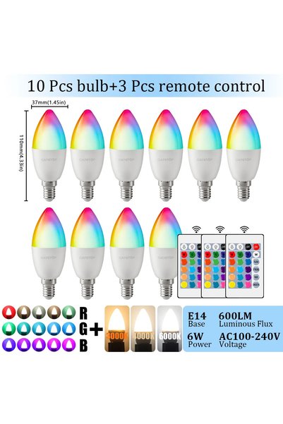 Choice مصباح LED E14 شمعي RGB 6000K، 10 قطع، 1-10 قطع، 6 واط، بتحكم عن بعد 24...