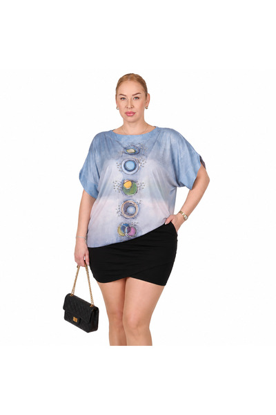 LA VELINA Plus Size Stone Detailed Patterned Loose Women's Blouse