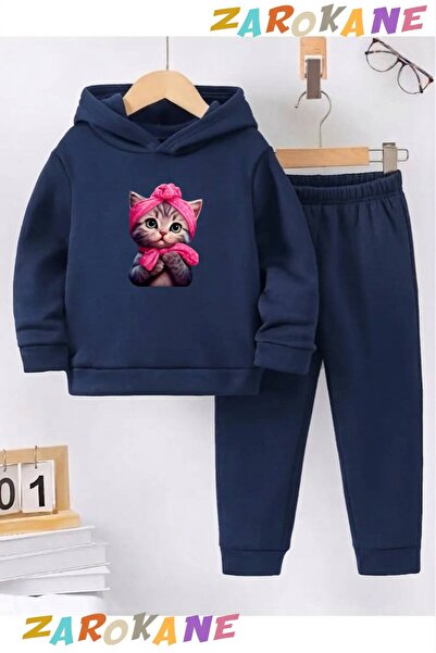ZAROKANE Candy Cat Printed Winter Children's Hooded Cotton Insulated Tracksui...