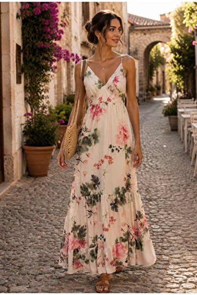 bussrabutik Floral Patterned Cotton Satin Strappy Backless Long Dress