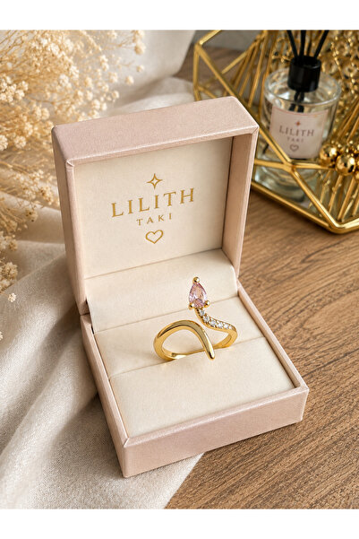 Lilith Takı Pink Stone Gold Color Women's Ring – Elegant Adjustable Ring with...