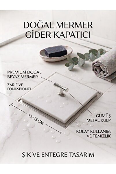 FARALYAHOME Premium Doğal 15x15 Cm Beyaz Mermer Banyo Gider Kapatıcı - Taju G...