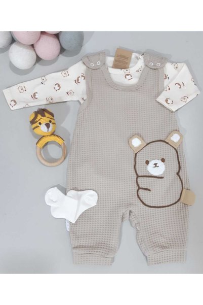 Sönmez Baby MİNİK KOALA WAFFLE SALOPET TULUM BLUZ VE ÇORAP ÜÇ PARÇA BEBE TAKIMI