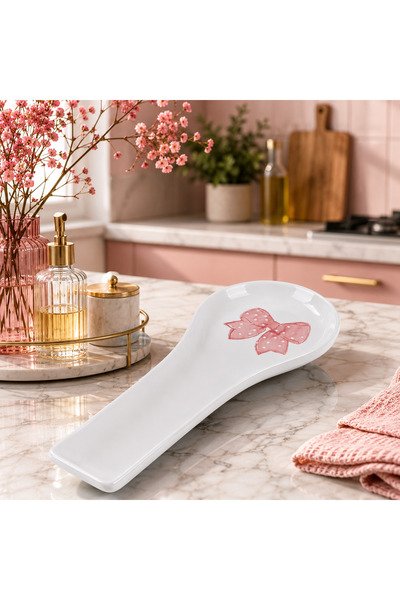 Pembelia Life Pembe Fiyonk Desenli Seramik Kirli Kaşıklık-Tezgah Üstü Kepçe Kirli Kaşık Altlığı El yapımı Özel Tasarım Kaşıklık