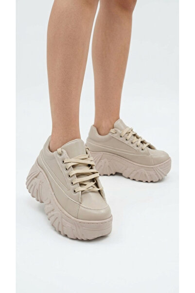 Limeo Beige Lace-Up High Sole Skin Casual Women's Sneaker Sports Shoes