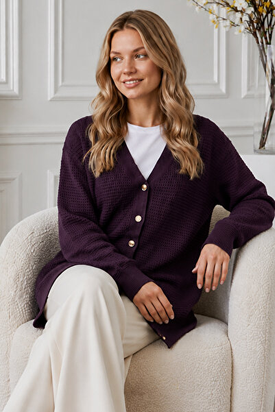 benguen Openwork Mercerized Cardigan N3340 Plum