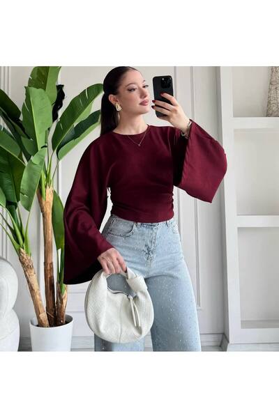 gozdefashion Women's Bat Sleeve Gathered Waist Blouse