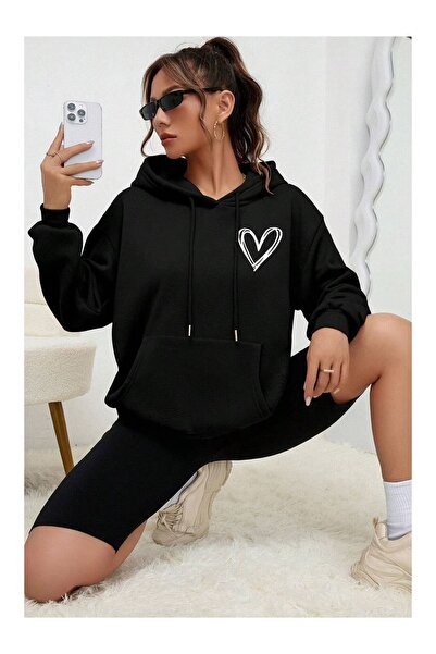 DAXİS Sportwear Company Heart Printed Women's Oversize Hooded Sweatshirt