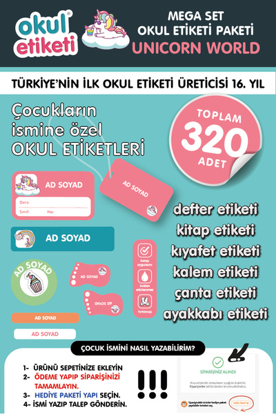 OKUL ETİKETİ BASKI OKUL ETİKETİ UNICORN WORLD TEMALI MEGA PAKET İSME ÖZEL OKU...