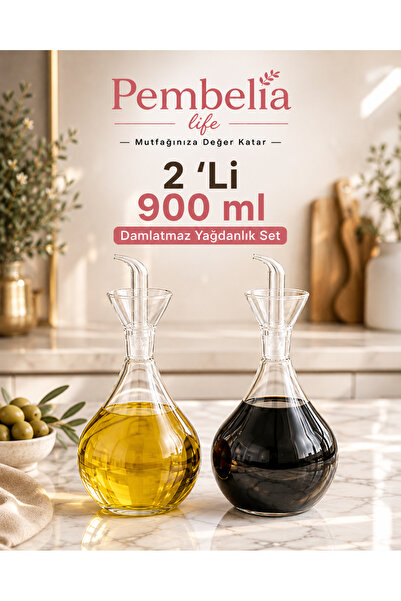 Pembelia Life 2’li 900 ml Damlatmaz Cam Yağdanlık Seti Ayçiçek Zeytinyağ Şişesi Yağlık Sirkelik Takım Çeyizlik Set