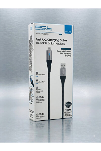 ACL Aura Akse 15W 3A Neon Işıklı Tasarım USB-A to Type-C Yüksek Hızlı Şarj ve...