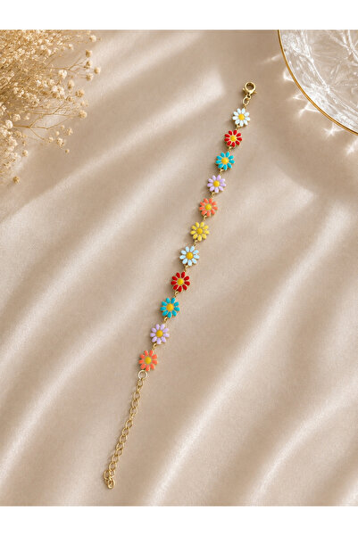 Lilith Takı Colorful Daisy Bracelet – Adjustable Women's Bracelet with Gold C...