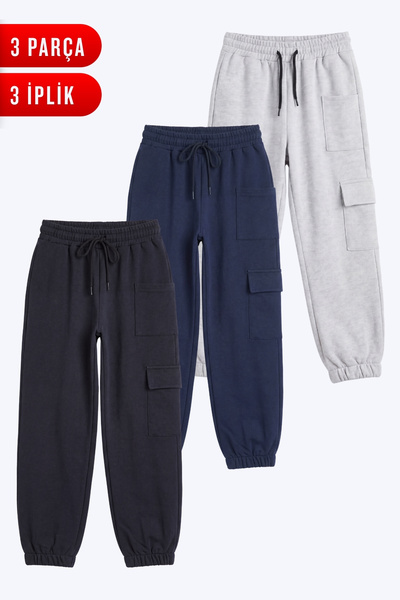FYK KİDS 3-Piece Girls' 3-Strand Cargo Pocket Straight Jogger Sweatpants