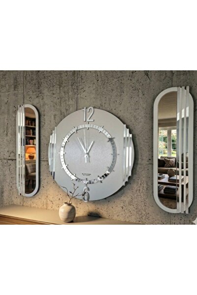 Blackframe Leonardo Series Açık Gri & Gümüş 3lü Duvar Saati ve Plexsi Ayna Se...