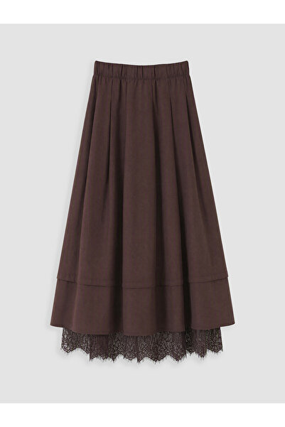 LC Waikiki Brown Elastic Waist Lace Detailed Flared Skirt