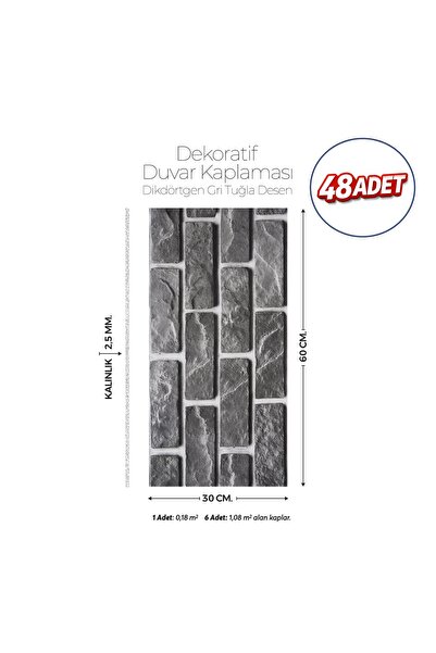 Brano 30X60 cm Kendinden Yapışkanlı Duvar,banyo,tezgah Arası Gri Tuğla Desen-...