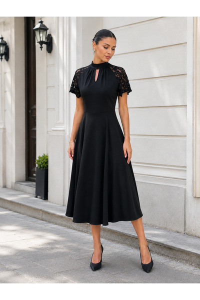 moda wanilia Γυναικείο φόρεμα Janjan με ψηλό γιακά, λεπτομέρεια από δαντέλα, ...